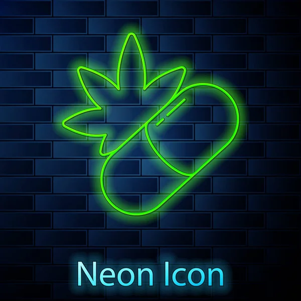 Leuchtende Neon Line Pillen Mit Marihuana Oder Cannabis Blatt Symbol — Stockvektor