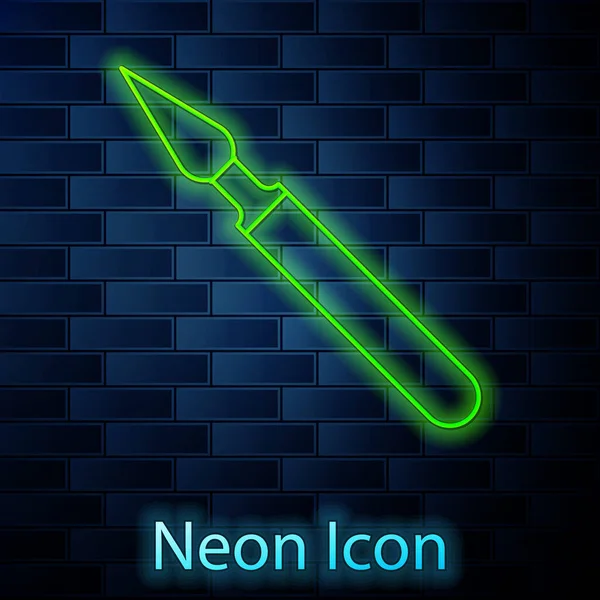 Glödande Neon Line Medicinsk Kirurgi Skalpell Verktyg Ikon Isolerad Tegelvägg — Stock vektor