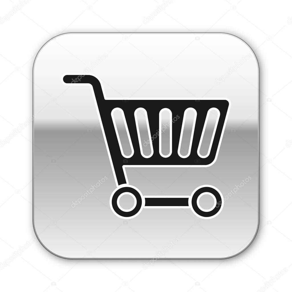 Black Shopping cart icon isolated on white background. Online buying concept. Delivery service sign. Supermarket basket symbol. Silver square button. Vector Illustration