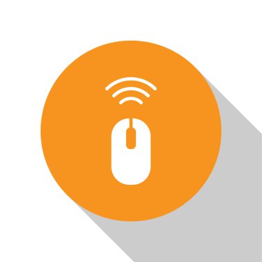 Beyaz kablosuz bilgisayar fare sistemi simgesi beyaz arkaplanda izole edildi. İnternet kavramının kablosuz bağlantısı. Turuncu daire düğmesi. Vektör.