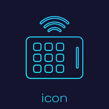 Turkuaz hat kablosuz tablet simgesi mavi arkaplanda izole edildi. İnternet kavramının kablosuz bağlantısı. Vektör.