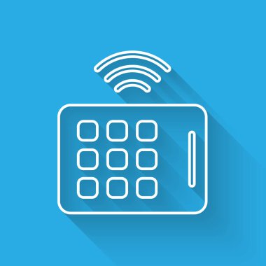 Uzun gölgeli beyaz çizgi kablosuz tablet simgesi. İnternet kavramının kablosuz bağlantısı. Vektör.