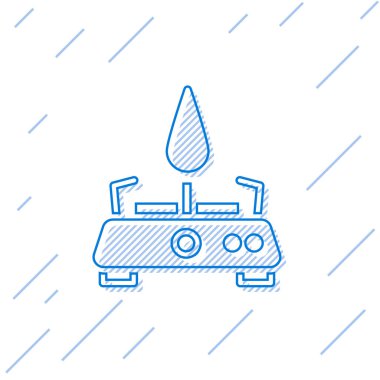 Mavi çizgi kamp gaz sobası ikonu beyaz arka planda izole edildi. Taşınabilir gaz ocağı. Yürüyüş, kamp malzemeleri. Vektör.