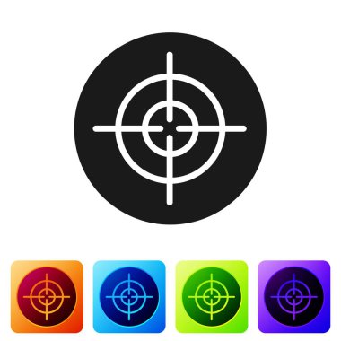 Siyah Hedef spor simgesi beyaz arkaplanda izole edildi. Atış mesafesi ya da atış mesafesi için sayıları olan temiz bir hedef. Renkli kare düğmelerle simgeleri ayarla. Vektör.