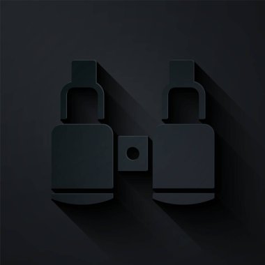 Kağıt kesiği Dürbün simgesi siyah arkaplanda izole edilmiş. Yazılım işareti bul. Casus ekipman sembolü. Kağıt sanatı tarzı. Vektör.