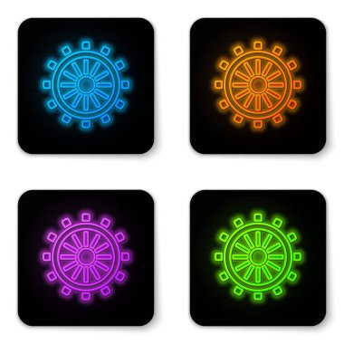 Parlayan neon gemi direksiyon simgesi beyaz arkaplanda izole edildi. Siyah kare düğme. Vektör.