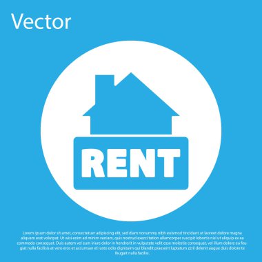 Mavi Asılan işareti mavi arkaplanda izole edilmiş metin kira simgesi. Kiralık mesajlı pano. Beyaz daire düğmesi. Vektör.