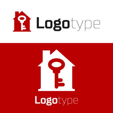 Beyaz arka planda anahtar simgesi olan kırmızı ev. Ev anahtarının konsepti. Logo tasarım şablonu elemanı. Vektör.