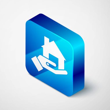 Isometric Emlakçı simgesi gri arkaplanda izole edildi. Ev almak. Mavi kare düğme. Vektör.