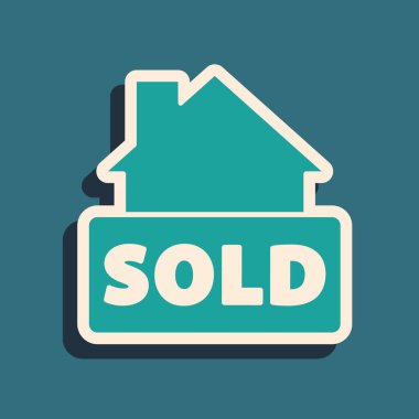 Yeşil arka planda izole edilmiş metin simgesi satılan Yeşil Asılma işareti. Çıkartma satıldı. Tabela satıldı. Uzun gölge tarzı. Vektör.