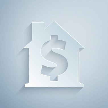 Kağıt kesiği, gri arkaplanda dolar sembolü olan House. Ev ve para. Emlak konsepti. Kağıt sanatı tarzı. Vektör.