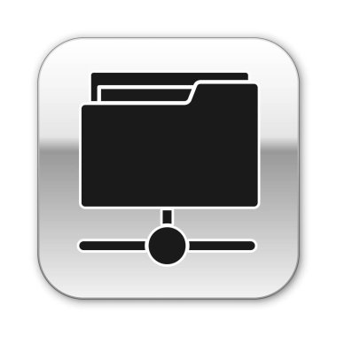 Beyaz arkaplanda siyah FTP dizin simgesi izole edildi. Yazılım güncellemesi, transfer protokolü, yönlendirici, takım çalışması aracı yönetimi, kopyalama süreci, bilgi. Gümüş kare düğme. Vektör.