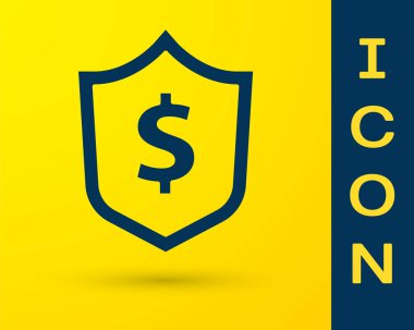 Sarı arkaplanda dolar sembolü olan Mavi Kalkan. Güvenlik kalkanı koruması. Para güvenliği konsepti. Vektör.