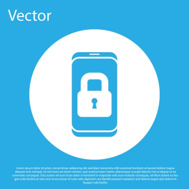 Mavi arka planda kapalı asma kilit simgesine sahip mavi akıllı telefon. Kilitli telefon. Gezici güvenlik, güvenlik, koruma konsepti. Beyaz daire düğmesi. Vektör.