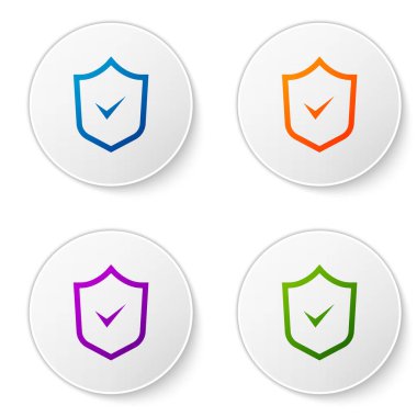 Beyaz arkaplanda işaretleme simgesi olan renk kalkanı. Güvenlik, güvenlik, koruma, gizlilik kavramı. Kene izi onaylandı. Simgeleri daire düğmelerine ayır. Vektör.
