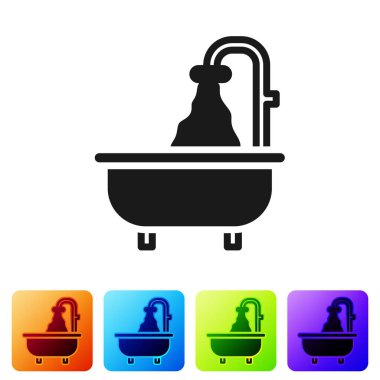 Beyaz arka planda siyah küvet simgesi izole edildi. Renkli kare düğmelerle simgeleri ayarla. Vektör.