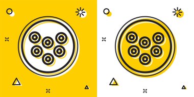 Sarı ve beyaz arka planda izole edilmiş bir tabak ikonunda siyah havyar. Rastgele dinamik şekiller. Vektör..