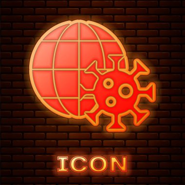 Tuğla duvar arkasında izole edilmiş virüs ikonu olan parlak neon dünya küresi. Corona virüsü 2019-nCoV. Bakteri ve mikroplar, hücre kanseri, mikrop, mantar. Vektör..