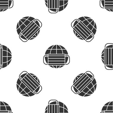 Tıbbi maske ikonuna sahip gri Dünya küresi beyaz arka planda izole edilmiş pürüzsüz desen. Vektör..