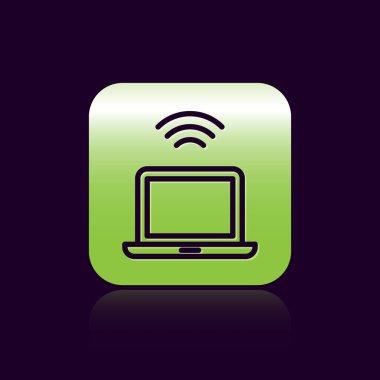 Siyah çizgi kablosuz dizüstü bilgisayar simgesi siyah arkaplanda izole edildi. İnternet kavramının kablosuz bağlantısı. Yeşil kare düğmesi. Vektör.