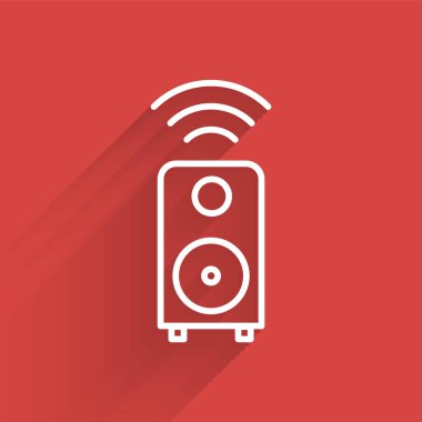 Beyaz çizgi Akıllı stereo hoparlör sistemi simgesi uzun gölgeli izole edildi. Ses sistemi hoparlörleri. İnternet kavramının kablosuz bağlantısı. Vektör.