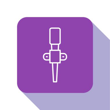 Beyaz çizgi alev ikonu beyaz arkaplanda izole edildi. Sembol ateşi sıcak, alev gücü, alev ve ısı. Mor kare düğme. Vektör.