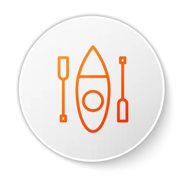 Turuncu çizgi kano ve kürek simgesi beyaz arkaplanda izole edildi. Balıkçılık ve turizm için kano. Açık hava aktiviteleri. Beyaz daire düğmesi. Vektör.