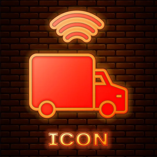 Glowing Neon Smart Delivery Cargo Truck Vehicle Wireless Connection Icon — Stock Vector