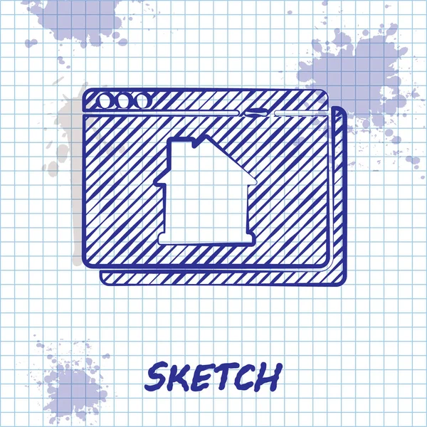 Sketch Line Online Realitní Dům Prohlížeči Ikona Izolované Bílém Pozadí — Stockový vektor