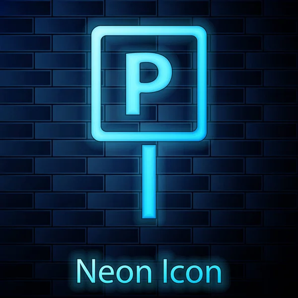 Świecący Neon Parking Ikona Izolowana Tle Cegły Ściany Znak Drogowy — Wektor stockowy