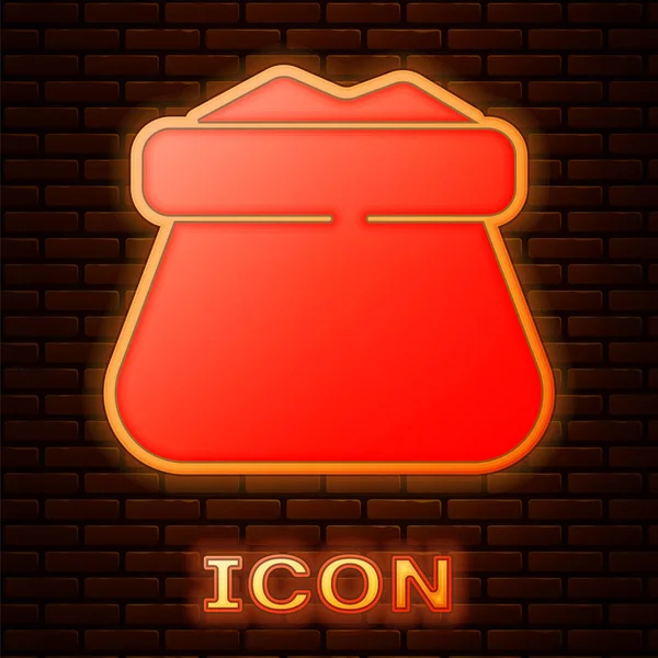 Icono Neón Brillante Saco Completo Aislado Fondo Pared Ladrillo Vector — Vector de stock