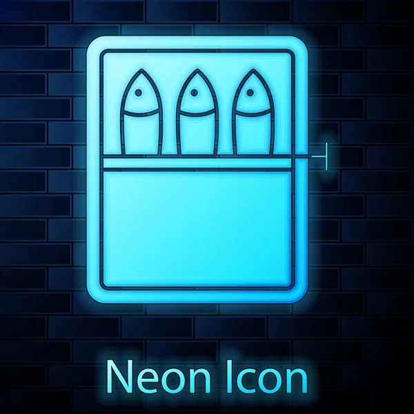 Icona Pesce Neon Incandescente Isolato Sfondo Muro Mattoni Vettore — Vettoriale Stock