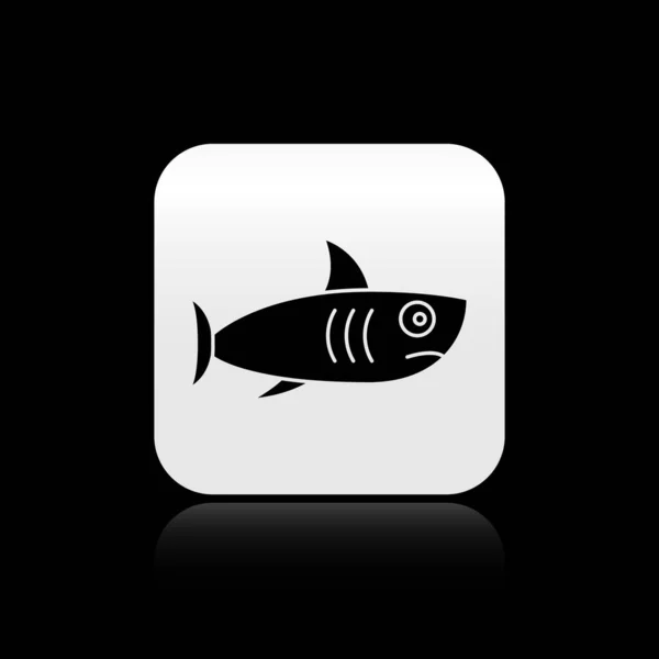 Icône Requin Noir Isolée Sur Fond Noir Bouton Carré Argenté — Image vectorielle
