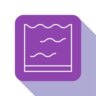 Beyaz çizgili akvaryum simgesi beyaz arkaplanda izole edilmiş. Ev ve evcil hayvanlar için akvaryum. Mor kare düğme. Vektör.