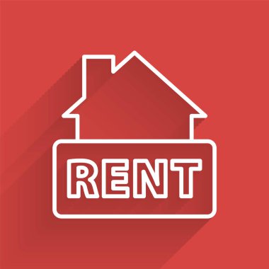 Beyaz çizgili uzun gölgeli metin kiralama simgesiyle asılı. Kiralık mesajlı pano. Vektör.