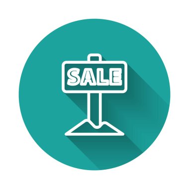 Beyaz çizgili uzun gölgeli metin satışı simgesi. Mesaj indirimli tabela. Yeşil daire düğmesi. Vektör.