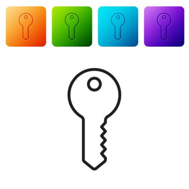 Beyaz arkaplanda siyah çizgi ev anahtarı simgesi izole edildi. Renkli kare düğmelerle simgeleri ayarla. Vektör.