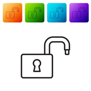 Siyah çizgi Açık asma kilit simgesi beyaz arkaplanda izole edildi. Kilit açık işareti. Siber güvenlik kavramı. Dijital veri koruması. Renkli kare düğmelerle simgeleri ayarla. Vektör.