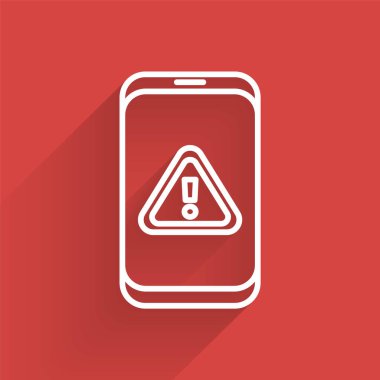 Beyaz çizgi cep telefonu, ünlem işareti simgesi uzun gölgeli. Uyarı mesajı akıllı telefon uyarısı. Vektör.