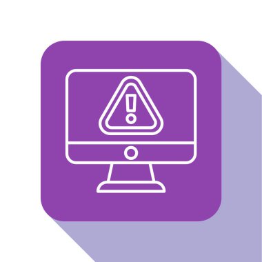 Beyaz arkaplanda ünlem işareti simgesi olan beyaz çizgi bilgisayar monitörü. Uyarı mesajı akıllı telefon uyarısı. Mor kare düğme. Vektör.