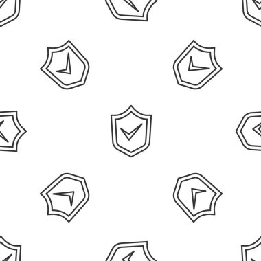 Gri çizgi kalkanı, beyaz arka planda iz ikonu izole edilmiş. Güvenlik, güvenlik, koruma, gizlilik kavramı. Kene izi onaylandı. Vektör.