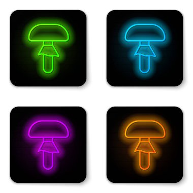 Parlayan neon hattı mantar ikonu beyaz arkaplanda izole edildi. Siyah kare düğme. Vektör.