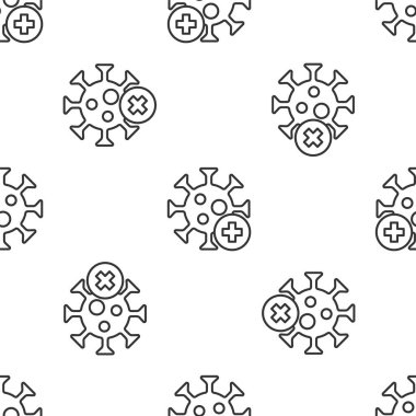 Gri çizgi pozitif virüs ikonu beyaz arka planda izole edilmiş kusursuz desen. Corona virüsü 2019-nCoV. Bakteri ve mikroplar, hücre kanseri, mikrop, mantar. Vektör..