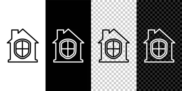 黒と白の背景に隔離された保護アイコンの下にラインハウスを設定します 家と盾だ セキュリティ 防衛の概念 ベクトル — ストックベクタ