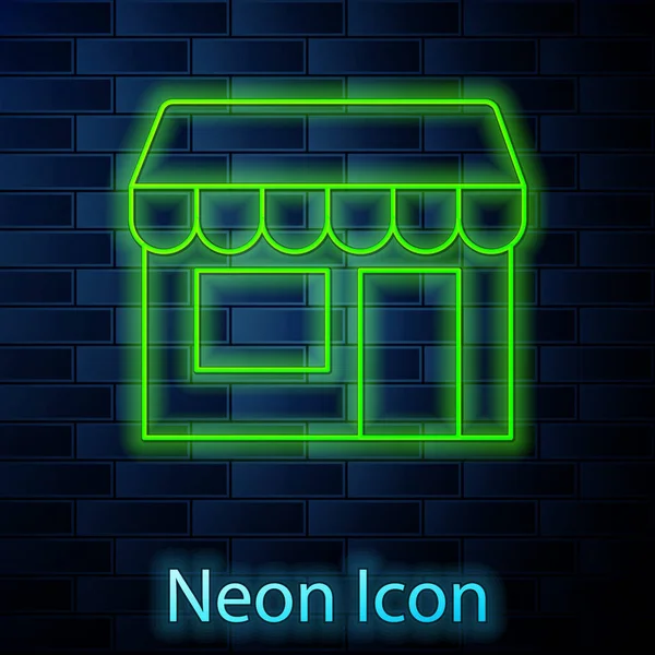 Glödande Neon Linje Shopping Byggnad Eller Marknadsbutik Ikon Isolerad Tegelvägg — Stock vektor