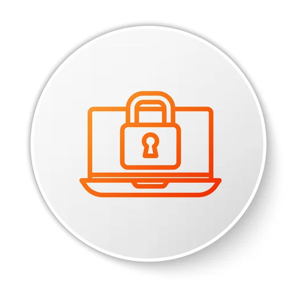 橙色线笔记本电脑和锁定图标隔离在白色背景 电脑和挂锁安保 保护概念 安全的互联网 白色圆环按钮 — 图库矢量图片