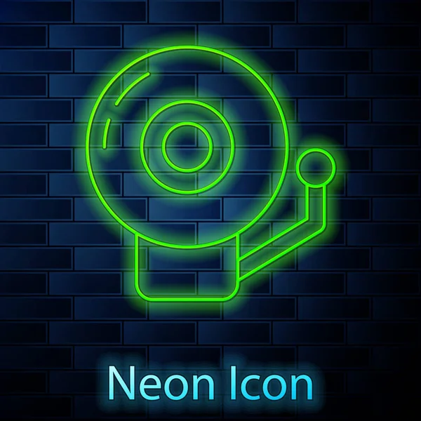 Gloeiende Neon Lijn Ringing Alarm Bel Pictogram Geïsoleerd Baksteen Muur — Stockvector