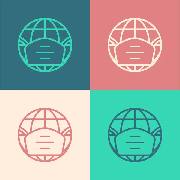 Pop Art Line Earth Globe Medical Mask Icon Isolated Color — Stock Vector