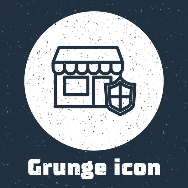 Grunge Line Edifício Comercial Com Ícone Escudo Isolado Fundo Cinza — Vetor de Stock