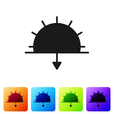 Siyah Günbatımı simgesi beyaz arkaplanda izole edildi. Renkli kare düğmelerle simgeleri ayarla. Vektör İllüstrasyonu.